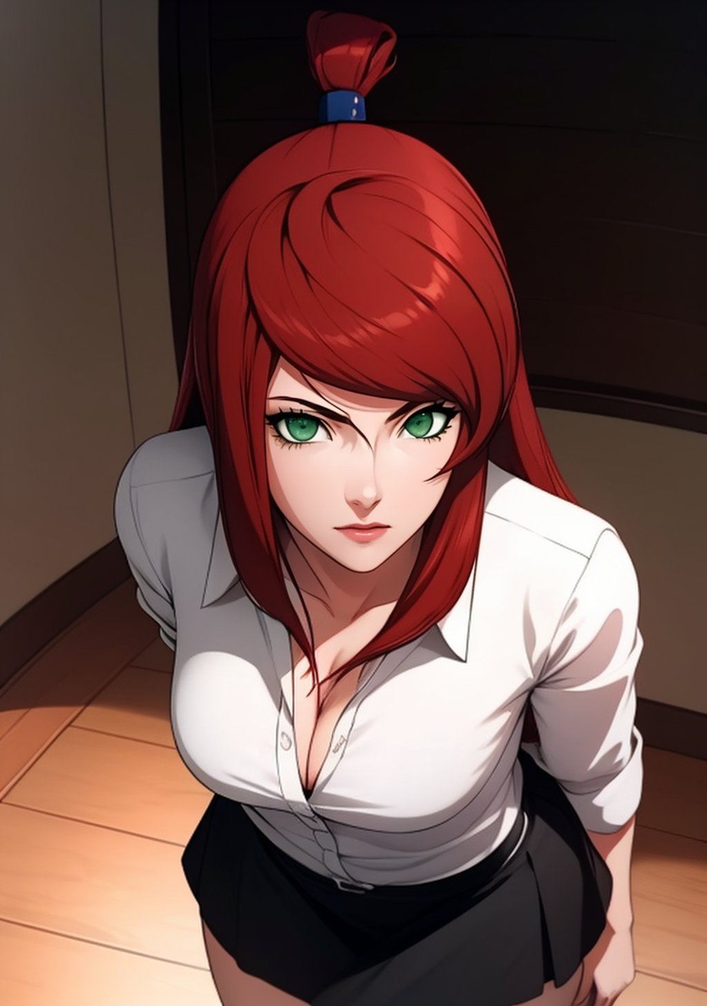 1girl, red hair, bun, ((green eyes)), white shirt, collared shirt, black skirt, thighhihs, cleavage, ((mei terumi)), ((detailed face and eyes)), perfect eyes, intrincate details, masterpiece, best quality, 4K, HDR, cinematiclighting