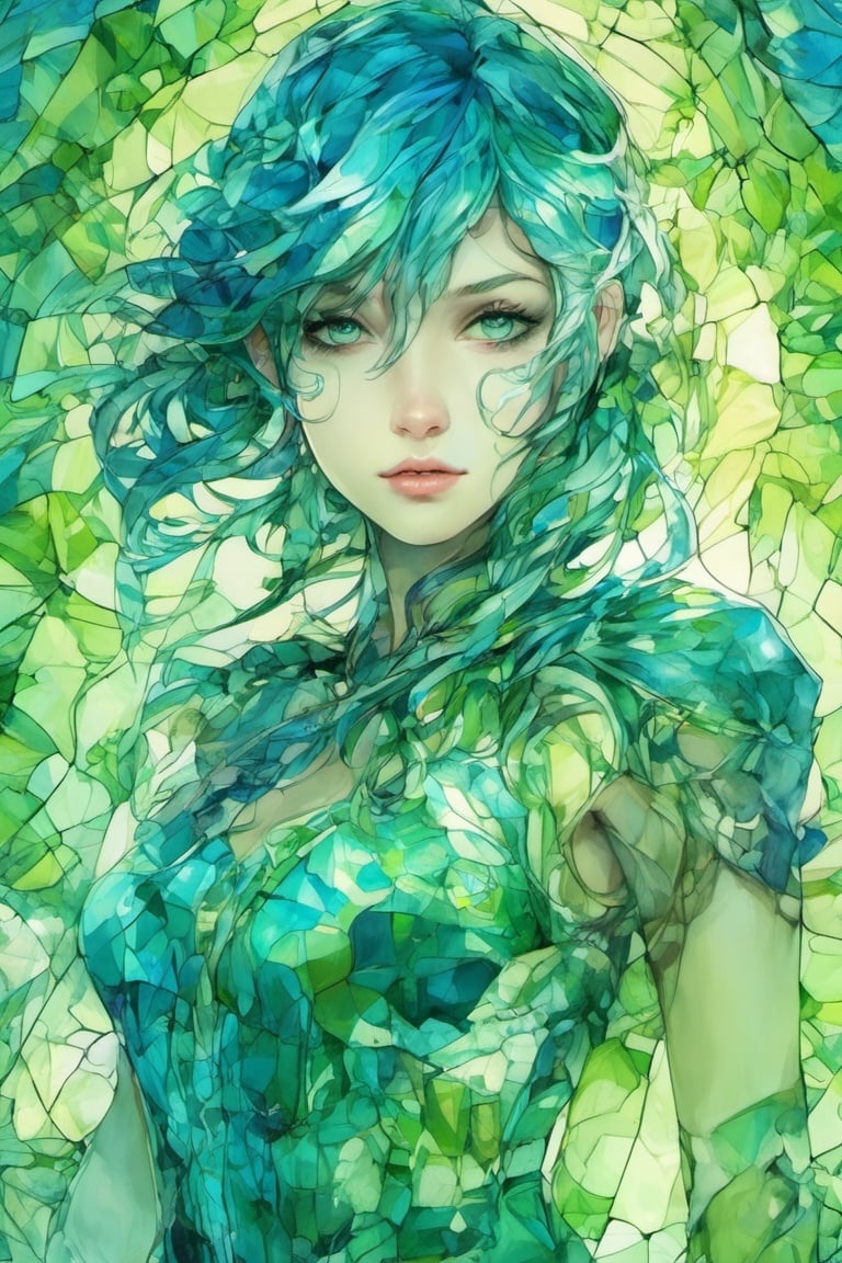  high_resolution, high detail, 1girl, blue and green color, glass art, glass style