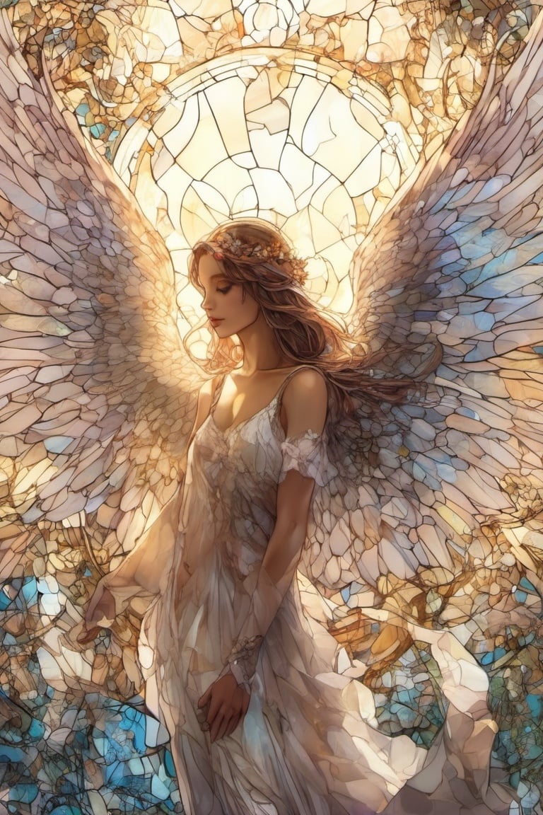  high_resolution, high detail, 1girl, angel, wings, glass art, glass style