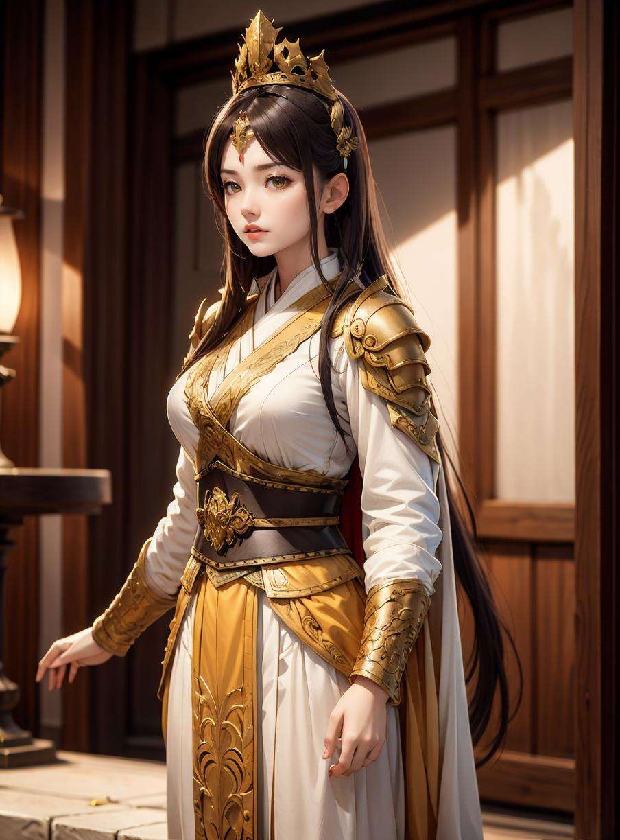 1 girl, chinese general, ancient background, on the battle field, long hair, straight hair, yellow  clothes <lora:Chinese_general:0.6>