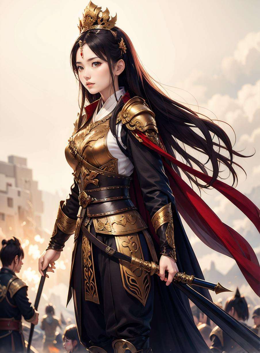 1 girl, chinese general, ancient background, on the battle field, long hair, straight hair, black  clothes <lora:Chinese_general:0.6>