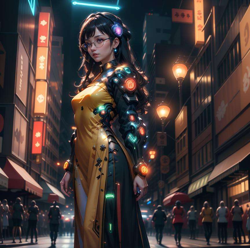 masterpiece, best quality, surrounded, multiple others, audience, background characters, crowd, public humiliation, girl, solo, ojousama, candid, photograph, high resolution, 4k, 8k, street, town, cityscape, realistic, photo, depth of field, arms behind back, from below , hair ornament, jewelry, bangle, center, looking at viewer, glasses, night city , Break,1 girl, solo, aodai cyber,long dress, neon, cyber world, in the city, city view, technology, machine, (masterpiece, ultra high res:1.6), upperbody, depth of field, cyberpunk, (Light illuminating the face:1.4), highlight face<lora:3cyber_aodai-08:0.65>