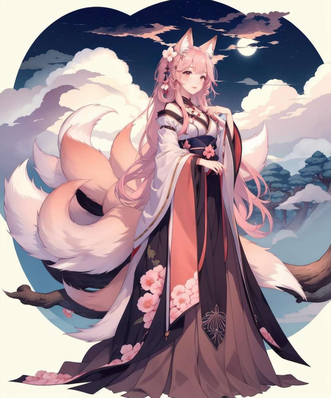 1girl, (9tail fox), peach blossom, mysterious forest, cloud, sky, night <lyco:9tail-10:0.6>