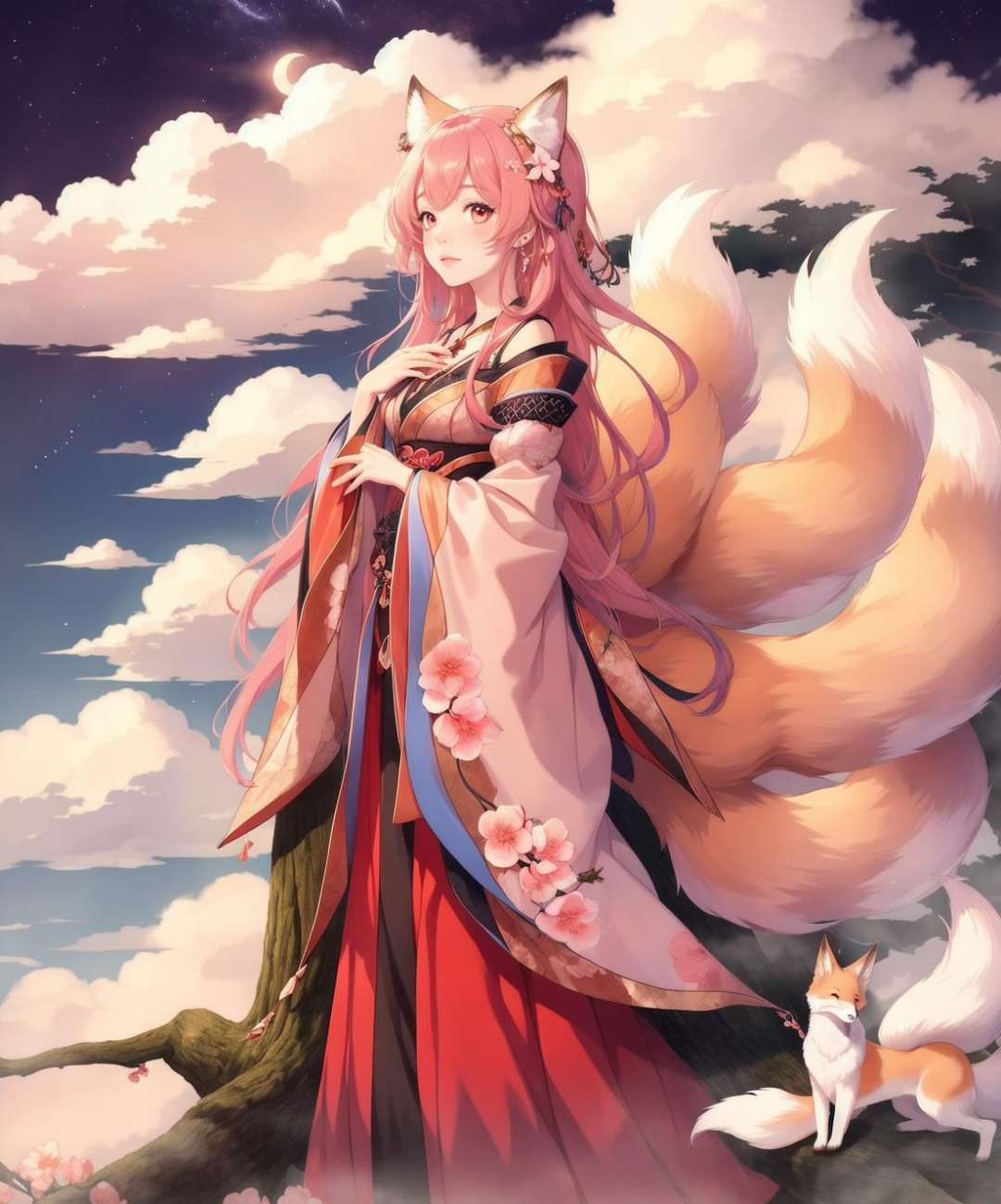 1girl, (9tail fox), peach blossom, mysterious forest, cloud, sky, night <lyco:9tail-10:0.6>