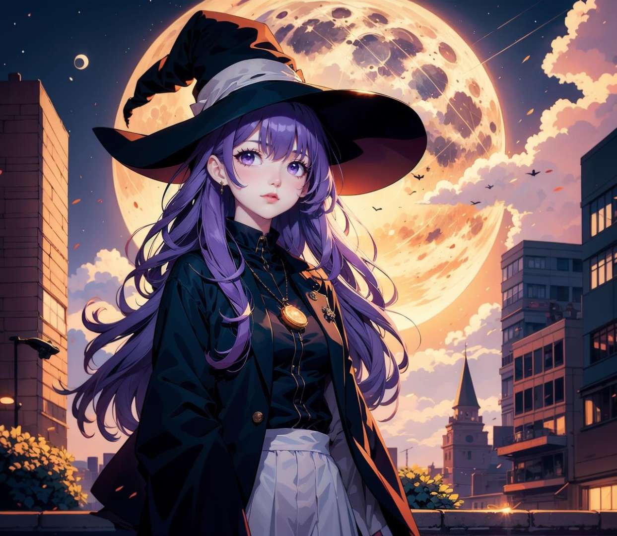 1girl, witch, in the city, night, portrait, purple hair, long hair, night, moon, cloud, sky, mysterious<lora:Magical-10:0.65>