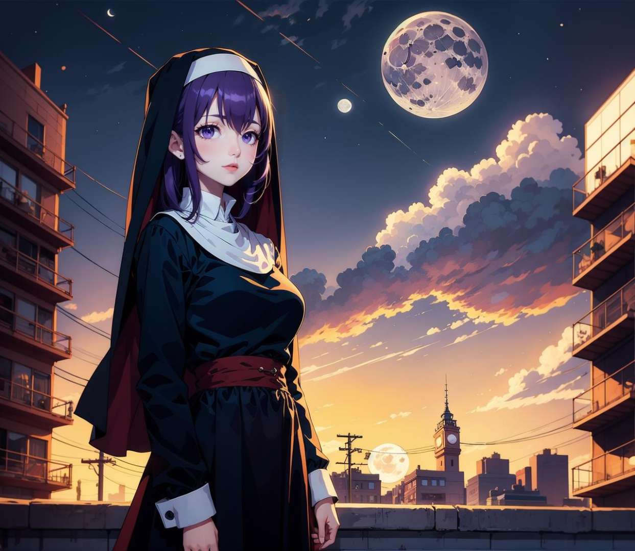 1girl, nun, in the city, night, portrait, purple hair, night, moon, cloud, sky, mysterious<lora:Magical-10:0.65>