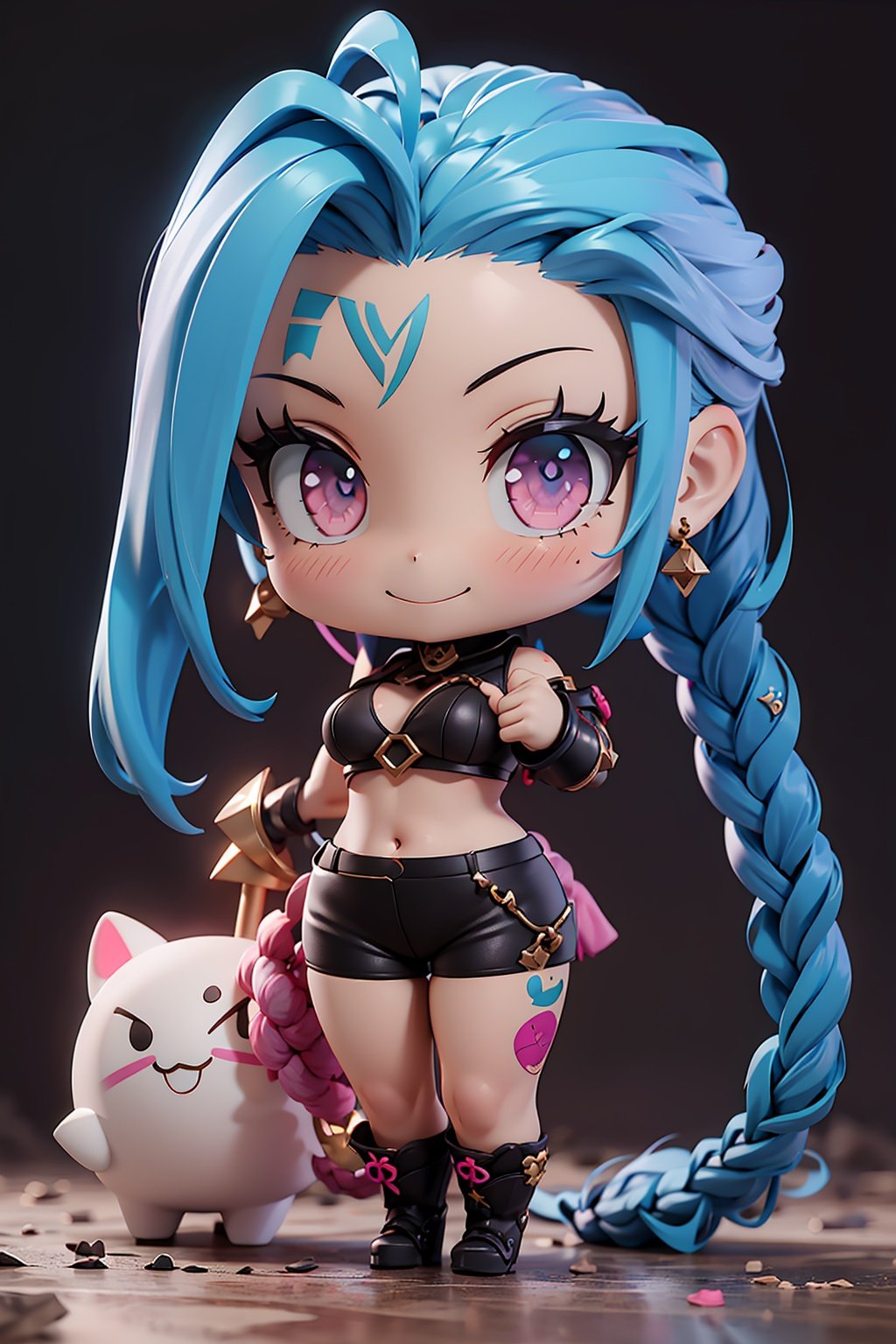 1girl,jinx_\(league_of_legends\),braid,chibi,long_hair,blue_hair,solo,twin_braids,very_long_hair,smile,navel,jewelry,huge_ahoge,standing,breasts,full_body,pink_eyes