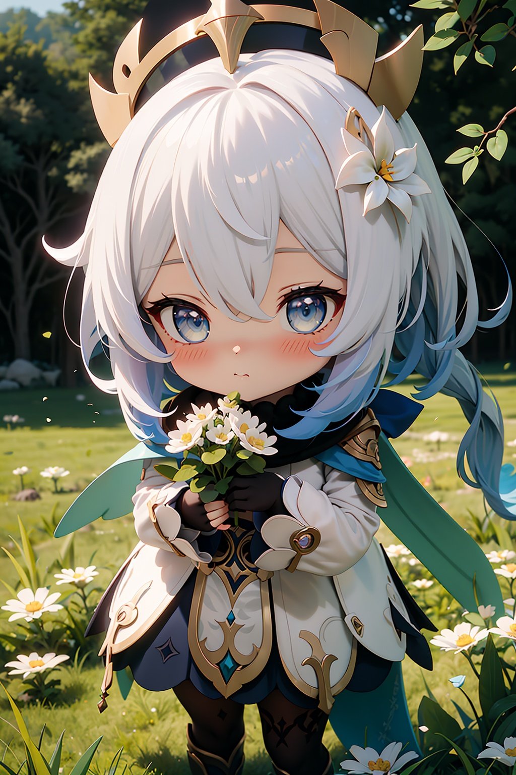 paimon_\(genshin_impact\),grass,1girl,halo,dress,blush,flower,holding_flower,bangs,cape,lumine_\(genshin_impact\),hair_ornament,white_flower,hair_between_eyes,white_hair