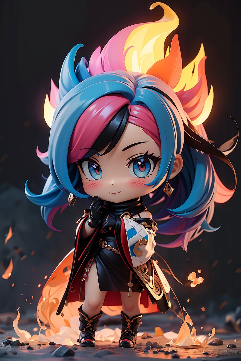 chibi,1girl,solo,multicolored_hair,fire,long_hair