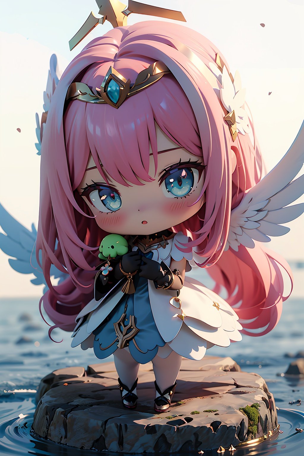 halo,1girl,solo,long_hair,angel,pink_hair,chibi,wings,angel_wings,veil,facing_viewer,tiara,dress,feathered_wings,mori_calliope,white_wings,water