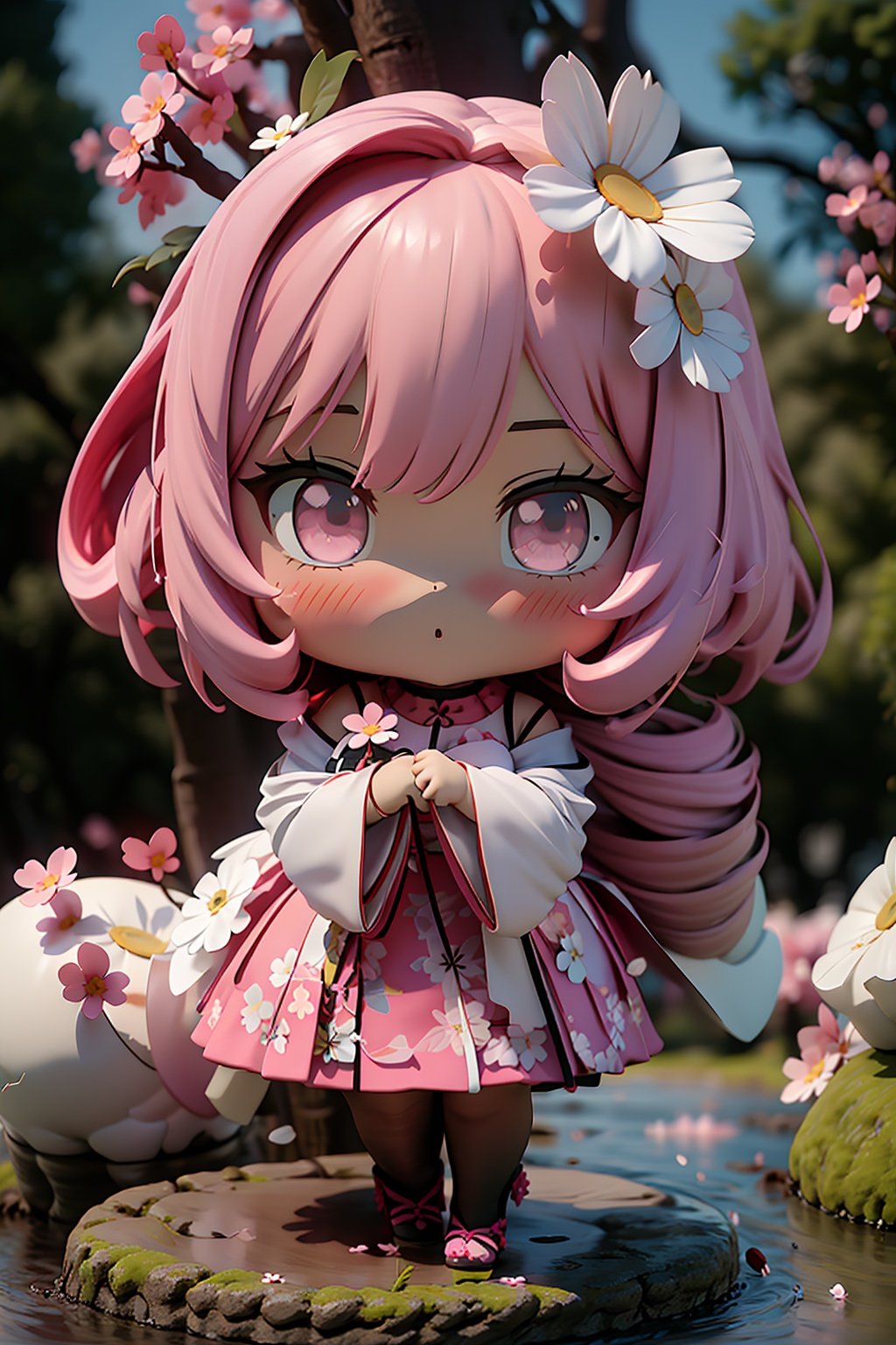 flower,pink_hair,1girl,chibi,holding_flower,pink_eyes,solo,white_flower,blush,cherry_blossoms,pink_flower,standing,daisy,holding,pink_skirt,hair_ornament,bangs,pink_dress