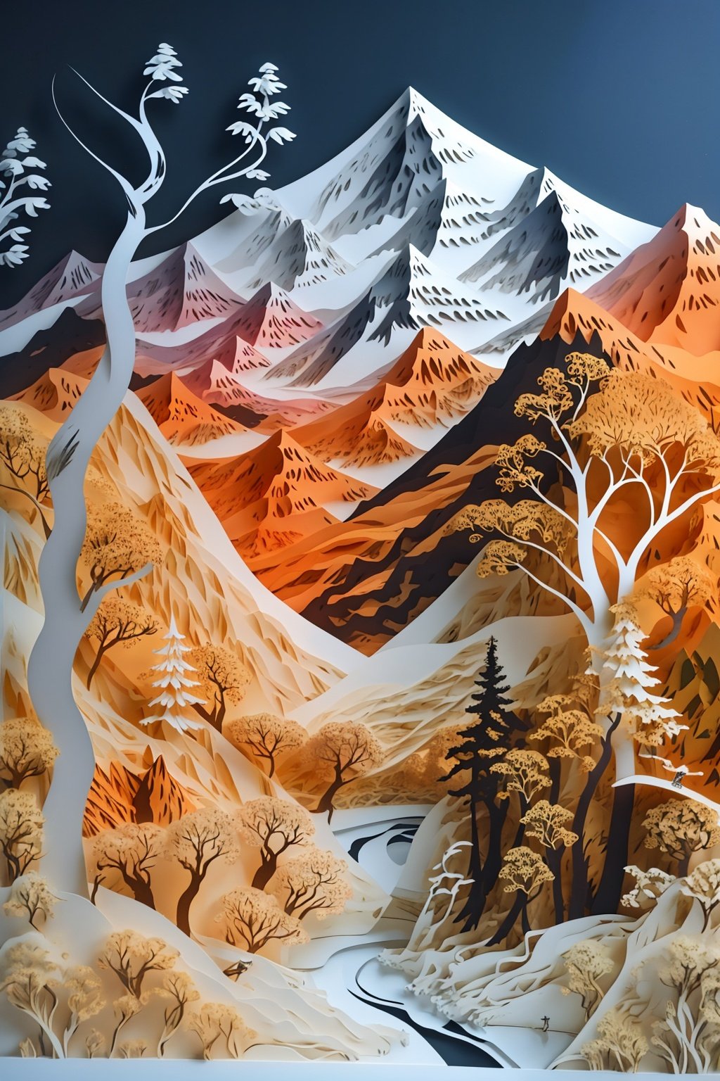 papercut, Siberian tiger, forest, Mountain, Pine, best quality, ccurate, 16k