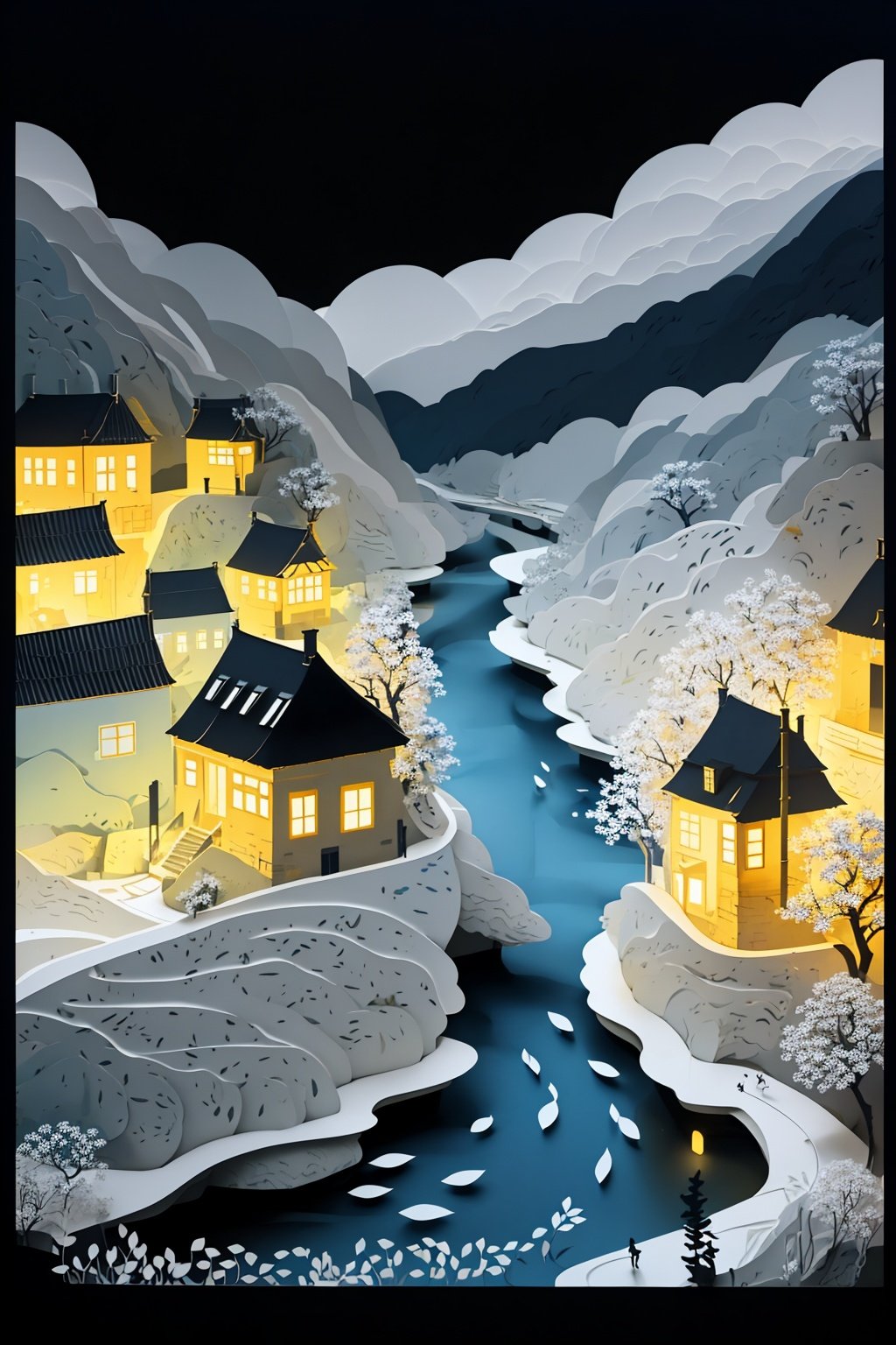 empty scene,a village by the river in summer,papercut