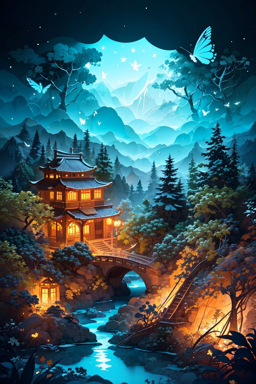 A masterpiece, the best quality, stunning reflections, the best reflections ever.no humans, (very detailed CG unity 8k wallpapers), (best quality), (best illustrations), (best shadows), forest theme with natural elements. Tall trees, quiet streams, small glowing mushrooms surrounded by delicate leaves and branches, with fireflies and glowing particle effects,, (natural elements), (jungle theme), (leaves), (twigs), (fireflies), butterflies, (delicate leaves), (glow), (particle effects). , Isometric 3D, Octane Rendering, Ray Traced, Super Detailed,without humans,shuixia