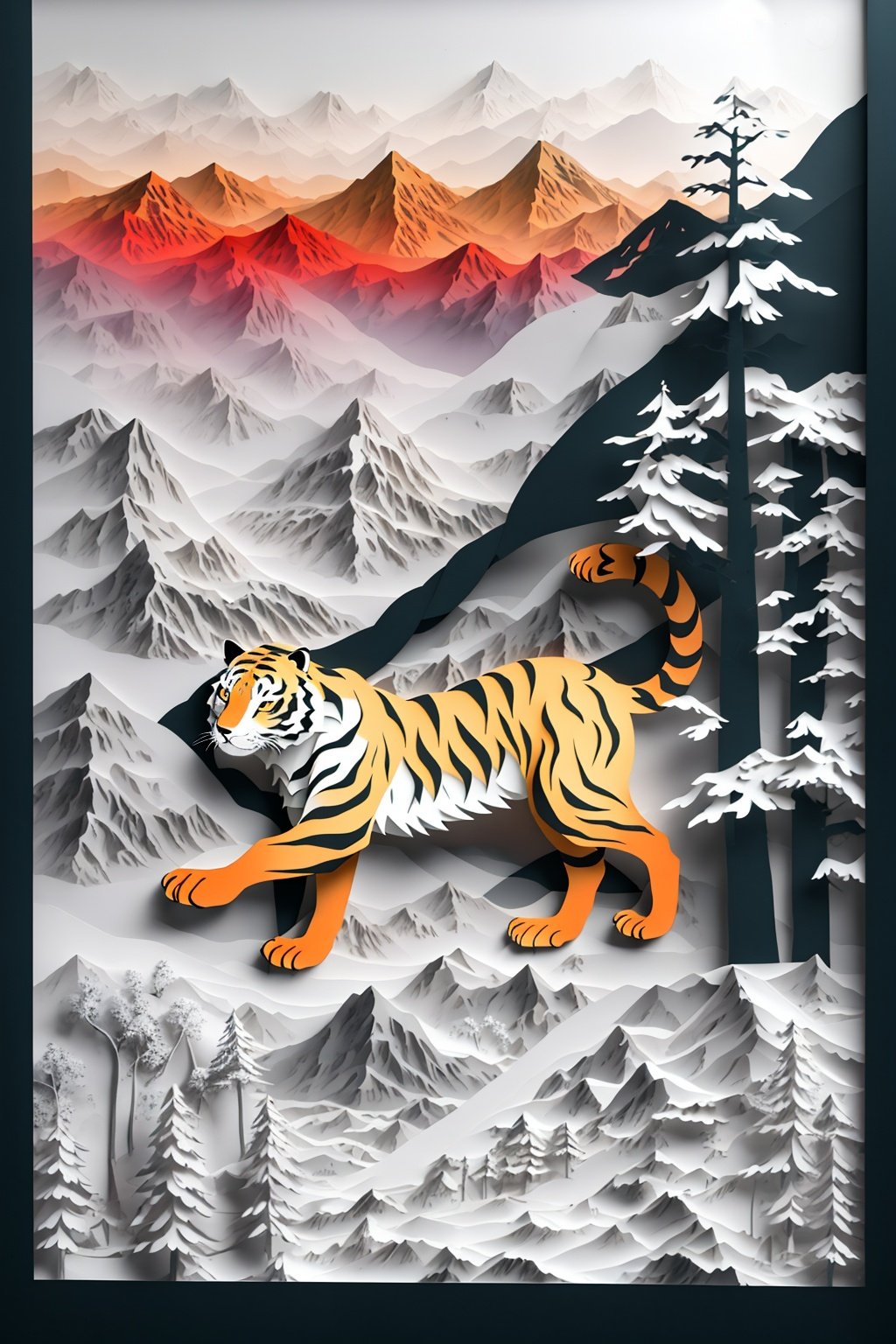 papercut, Siberian tiger, forest, Mountain, Pine, best quality, ccurate, 16k