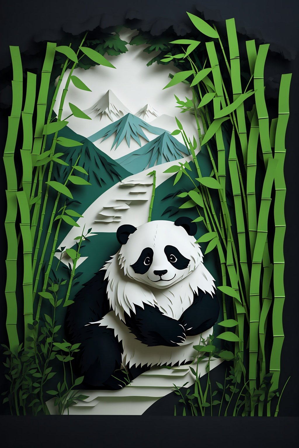 papercut, Panda, Green bamboo forest, UHD, best quality, 16k