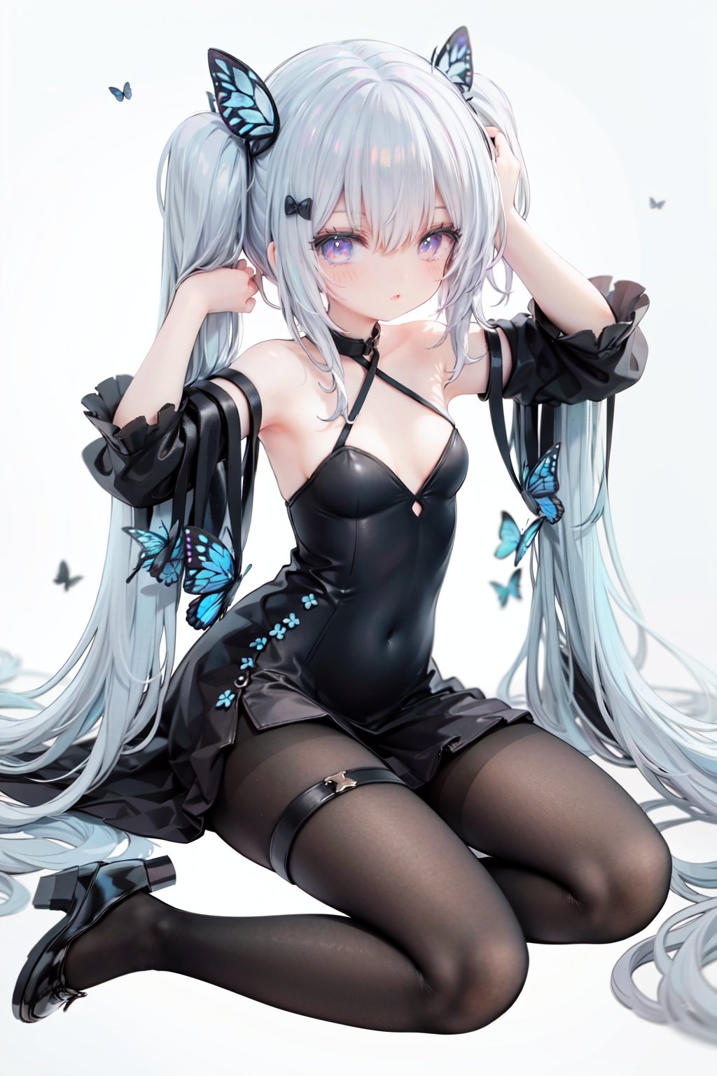 masterpiece, ((best quality)),  dynamic angle, chromatic aberration, ((colorful)),1girl, long hair, solo, very long hair, butterfly, pantyhose, bug, thigh strap, black dress, dress, looking at viewer, white hair, black footwear, blue butterfly, blue eyes, long sleeves, breasts, twintails, detached sleeves, absurdly long hair, bangs, full body, hair ornament, wide sleeves, brown pantyhose, blush, sitting, white background, butterfly hair ornament, small breasts, closed mouth, shoes, purple eyes, black pantyhose, hair between eyes, arms up, covered navel