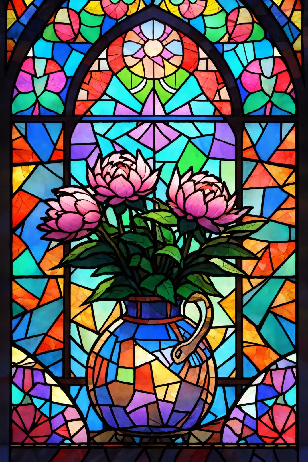 Window, Peony flower, Stained glass, UHD, high details, best quality, 16k