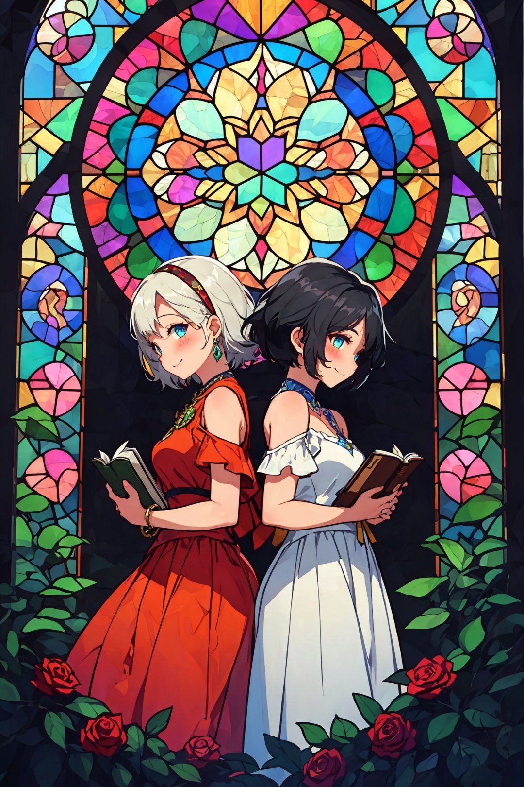 black background, best quality, ((masterpiece)),2girls, rose window, tacoma art glass, solo, two girls back to back, One of them has curly white hair, holding book, the other one has blue short hair, own hands together, praying, beautiful eyes, bare shoulders, dark skin, blush, smile,  long dress,  flowers, Putri Duyung Kecil, jewelry,  stained_glass, unrays shine upon it,hyper quality, high detail, HD    