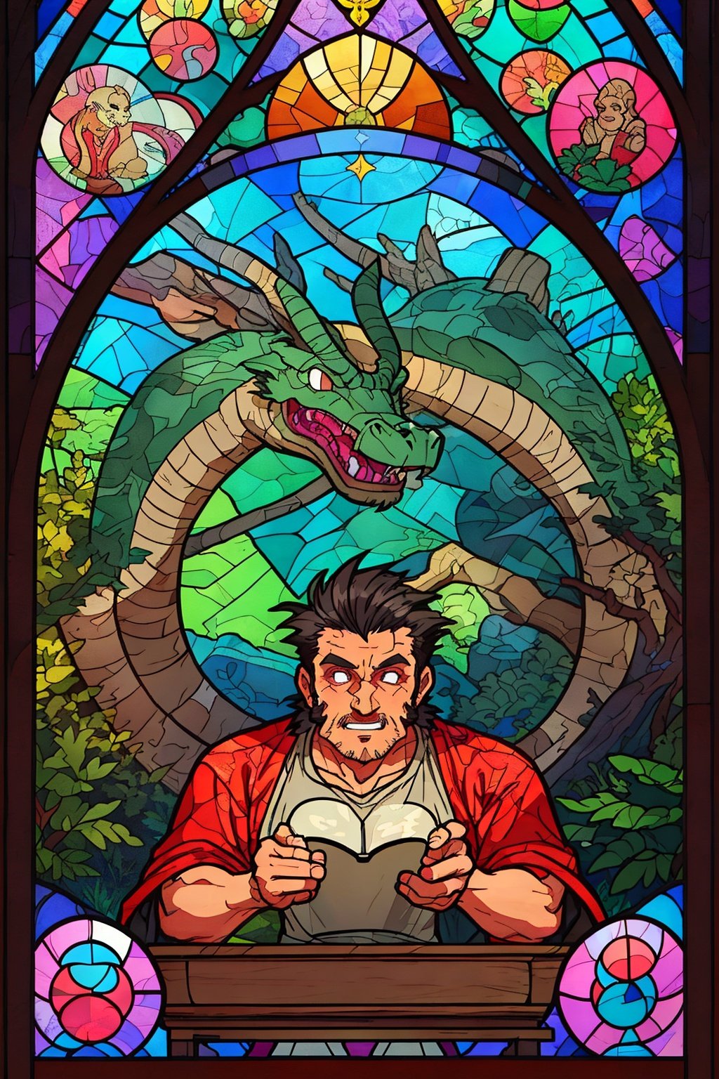 Stained Glass Portrait - Dungeons and Dragons character art. Innkeeper. Digital stained glass style.