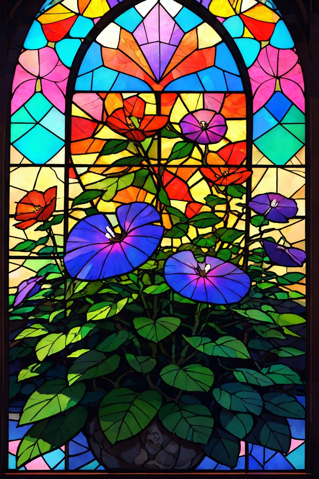 Window, Morning glory, Stained glass, UHD, high details, best quality, 16k