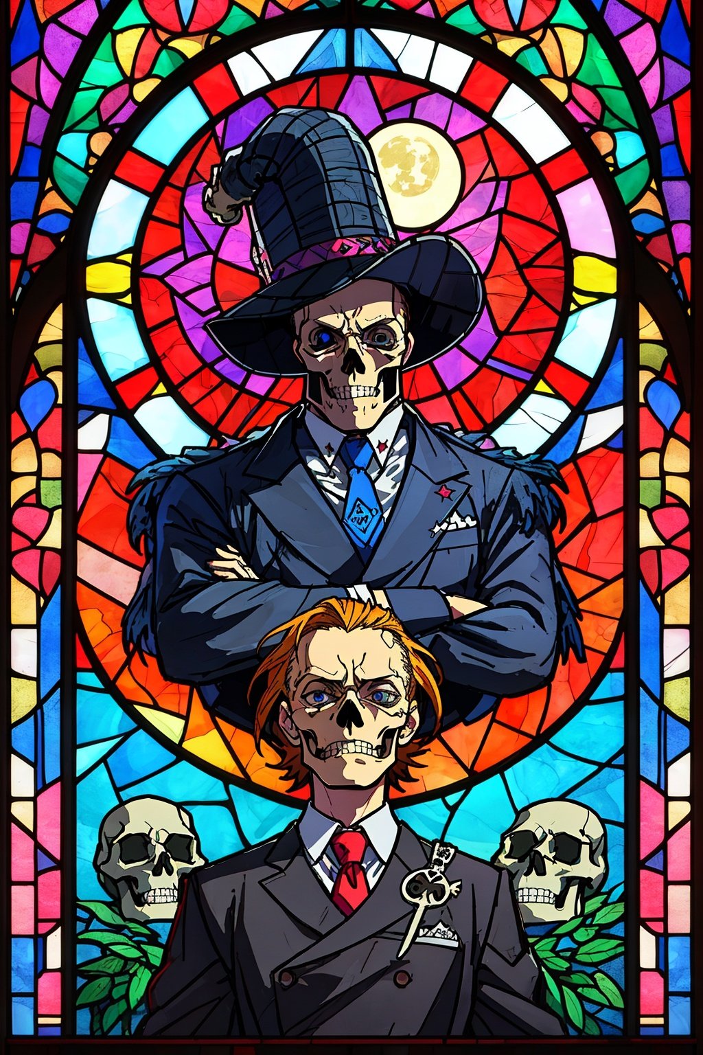 Stained Glass Portrait, supreme dark lord, full moon, skulls, Digital stained glass style.