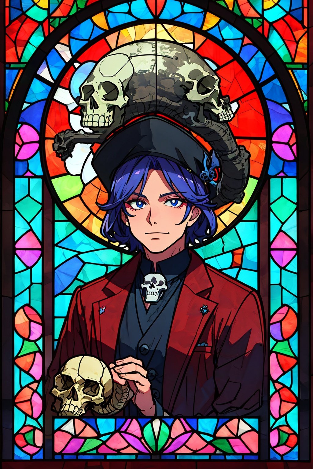 Stained Glass Portrait, supreme dark lord, full moon, skulls, Digital stained glass style.