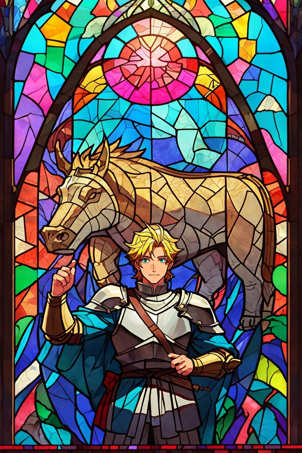 Stained Glass Portrait of a paladin with blonde hair  , Stained Glass Portrait - Dungeons and Dragons character art.