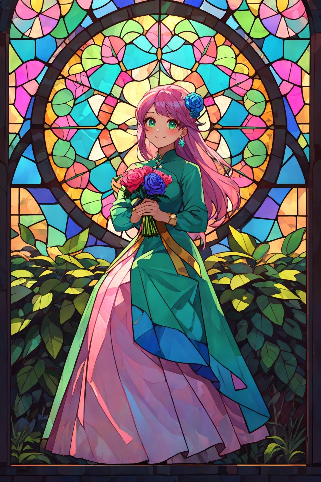 white background, best quality, ((masterpiece)),1girl, rose window, tacoma art glass, solo, long_hair, pink and purple hair, green eyes, smile,  long dress, (holding blue flower), yellow_flowe, Putri Duyung Kecil, jewelry,  stained_glass, unrays shine upon it,hyper quality, high detail, HD    