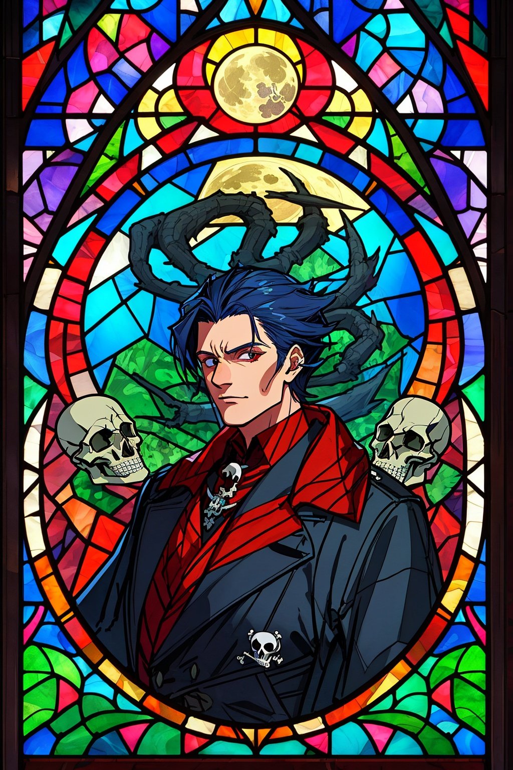 Stained Glass Portrait, supreme dark lord, full moon, skulls, Digital stained glass style.