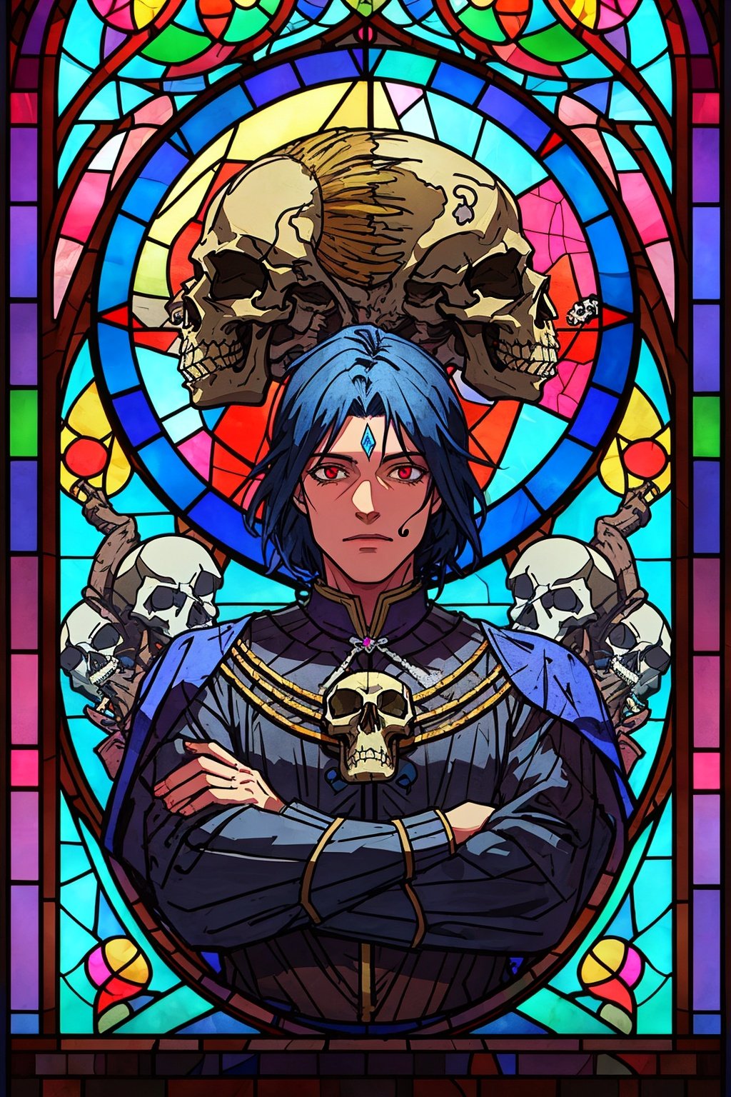 Stained Glass Portrait, supreme dark lord, full moon, skulls, Digital stained glass style.