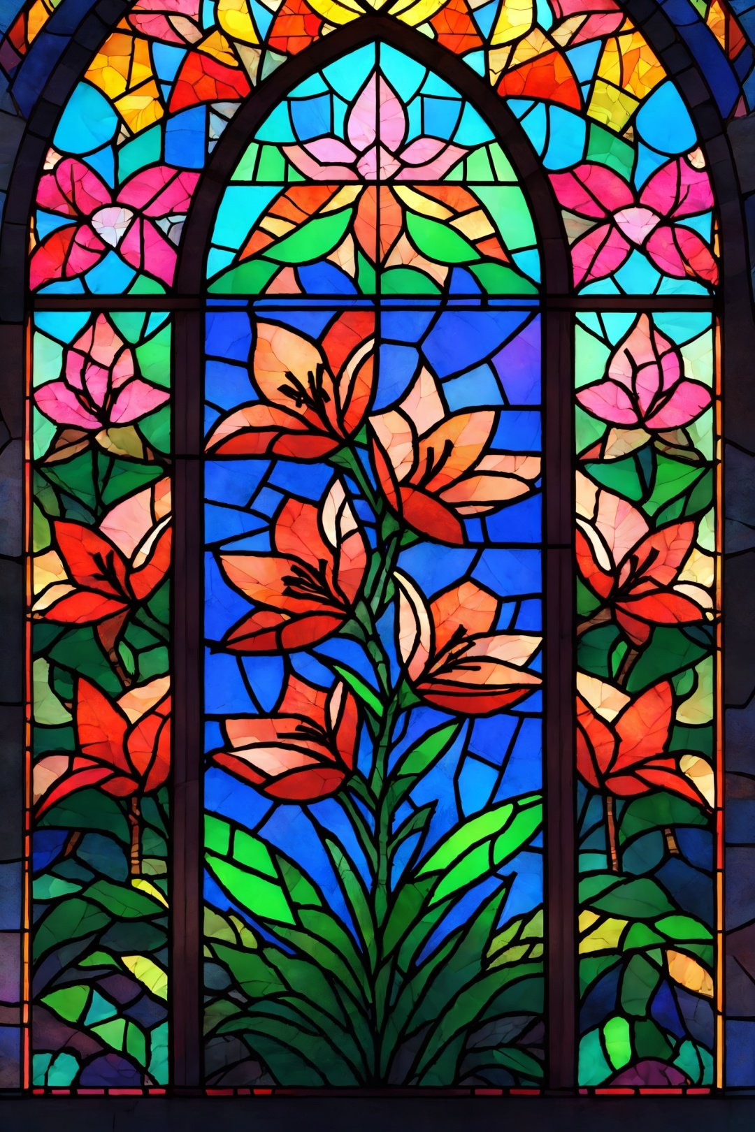 Window, Lily flower, Stained glass, UHD, high details, best quality, 16k