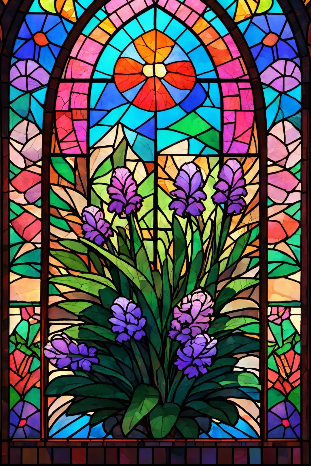 Window, Hyacinth, Stained glass, UHD, high details, best quality, 16k