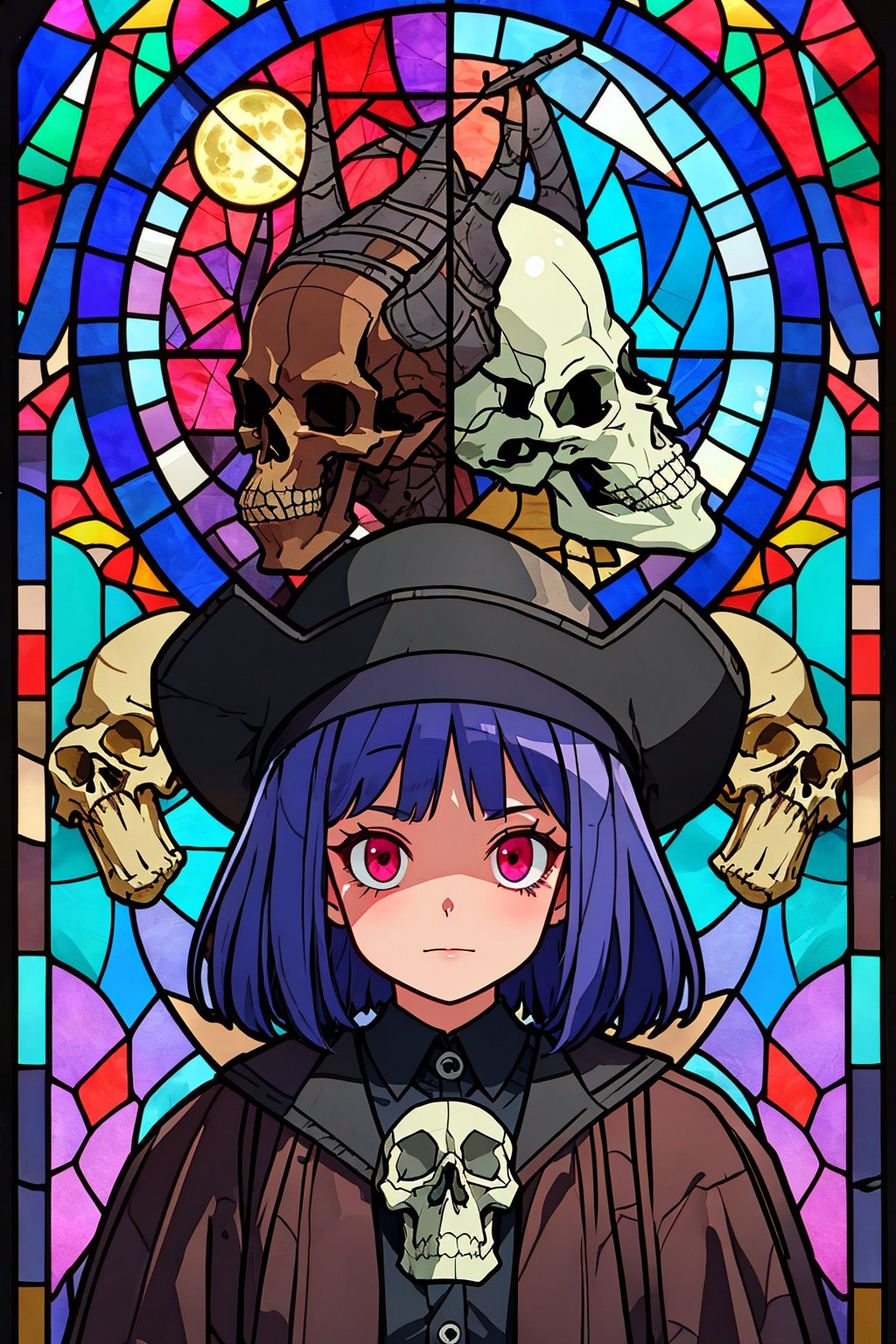 Stained Glass Portrait, supreme dark lord, full moon, skulls, Digital stained glass style.