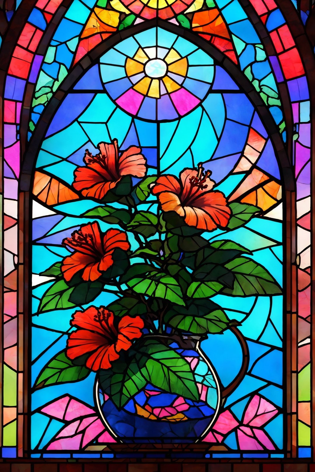 Window, Hibiscus flower, Stained glass, UHD, high details, best quality, 16k