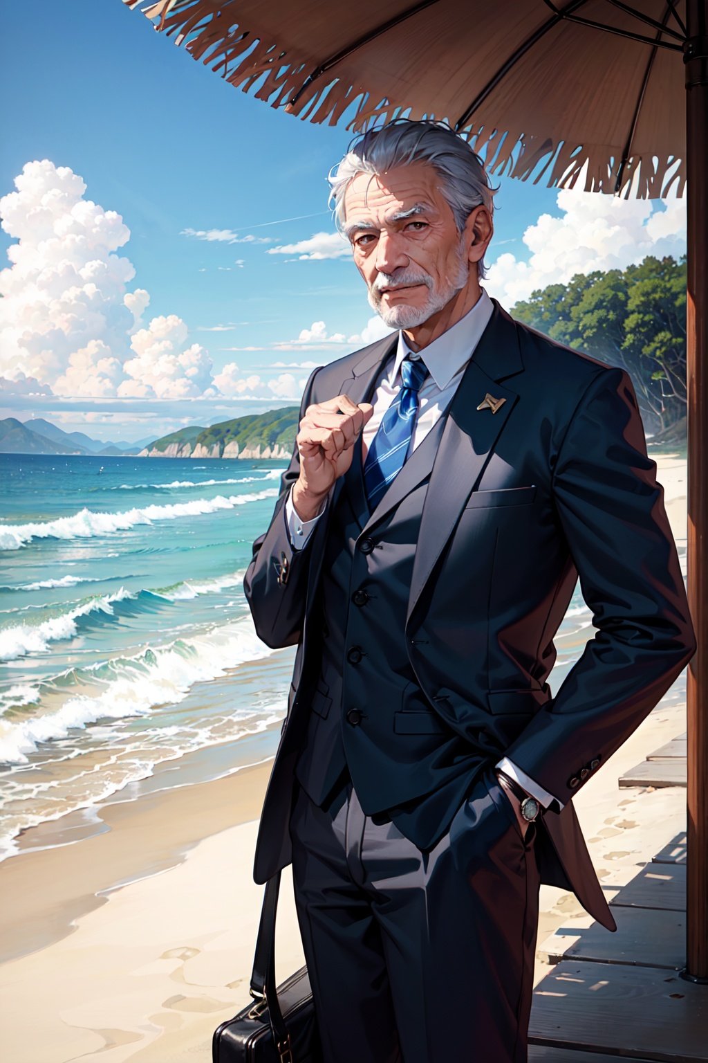 1 old man wearing a suit ,A handsome face,,At the seaside, 