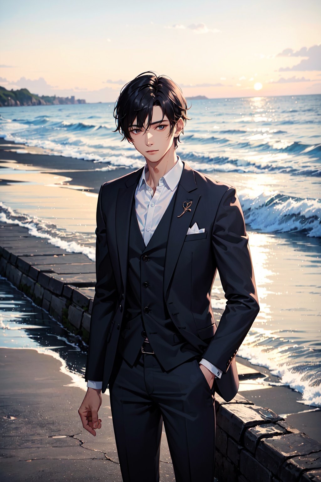 1man wearing a suit ,A handsome face,,At the seaside, 