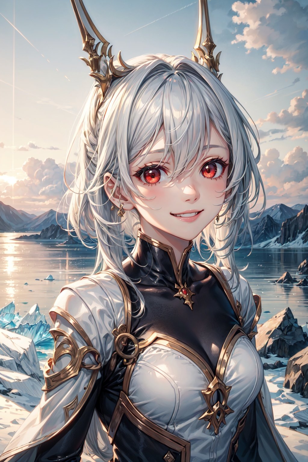 1girl, red eyes,silver hair,,smile, beautiful lighting, best quality, masterpiece, ultra highres, ice, (sky background:1.4), smile , <lora:add_detail:0.7>    <lora:IvoryGoldAIv2:0.5>