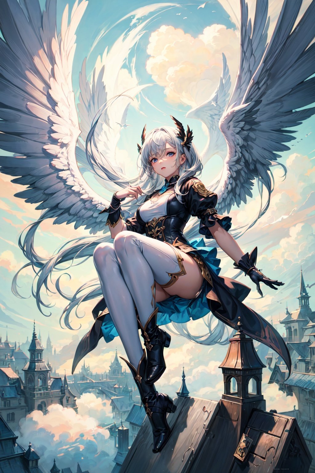 A girl with angel wings flies in the air,many clouds,(masterpiece, top quality, best quality, art, beautiful and aesthetic:1.2), (1girl), extreme detailed,(art:1.3),colorful,highest detailed, <lora:epi_noiseoffset2:0.7> <lora:add_detail:0.7>