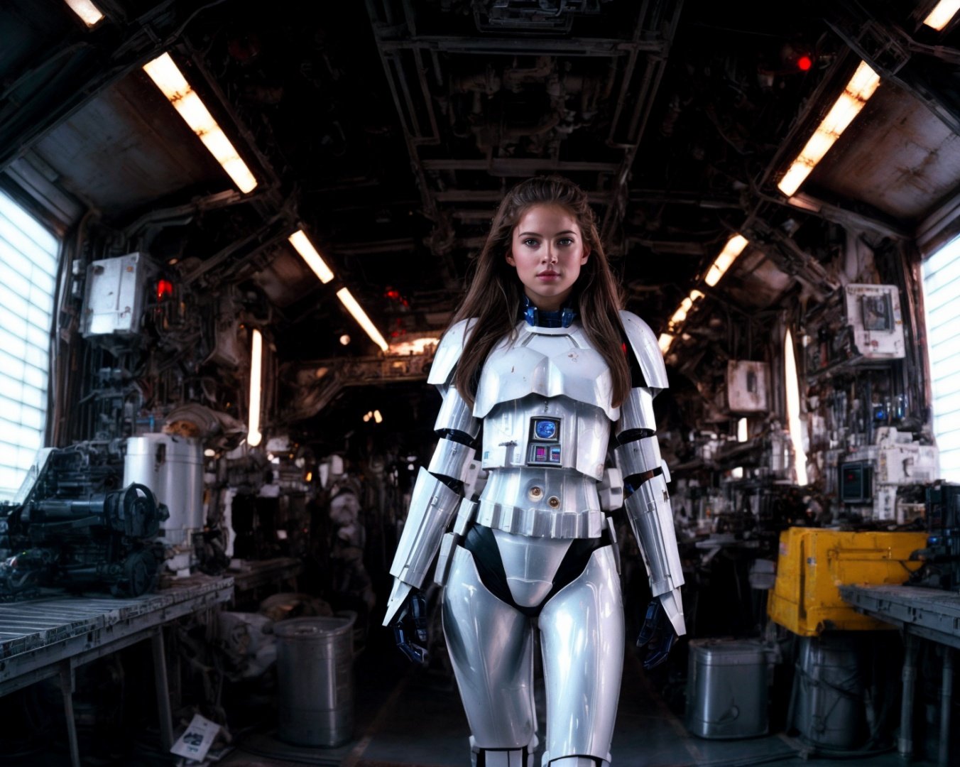 from Star Wars  <lora:star_wars_offset:1>, (RAW photo, 4k, masterpiece, high res, extremely intricate) (photorealistic:1.4), cinematic lighting 1girl, solo focus, summer noon, hot, 1990s \(style\),cowboy shot,indoors,the upper part of the body, masterpiece, best quality, masterpiece,best quality,official art,extremely detailed CG unity 8k wallpaper, beautiful detailed eyes, artbook, photo, real, realistic, futuristic knight, (silver, long hair), mecha girl, mechanical parts, space station, Expressive Hues, Vibrant Palette,B lack and white clothes, <lora:more_details:0.5> <lora:mecha_offset:1>