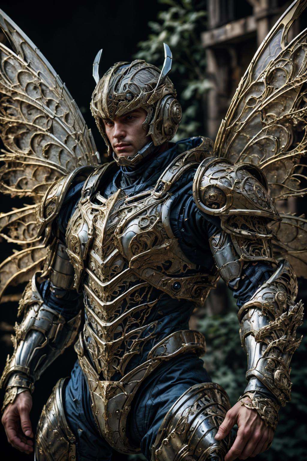 realistic, masterpiece, intricate details, detailed background, depth of field, photo of a handsome (european man), fr4ctal4rmor, wearing fractal power armor, (dynamic pose), ((fighting stance)), wings, fantasy background, cinematic composition, sharp focus, close up, helmet,