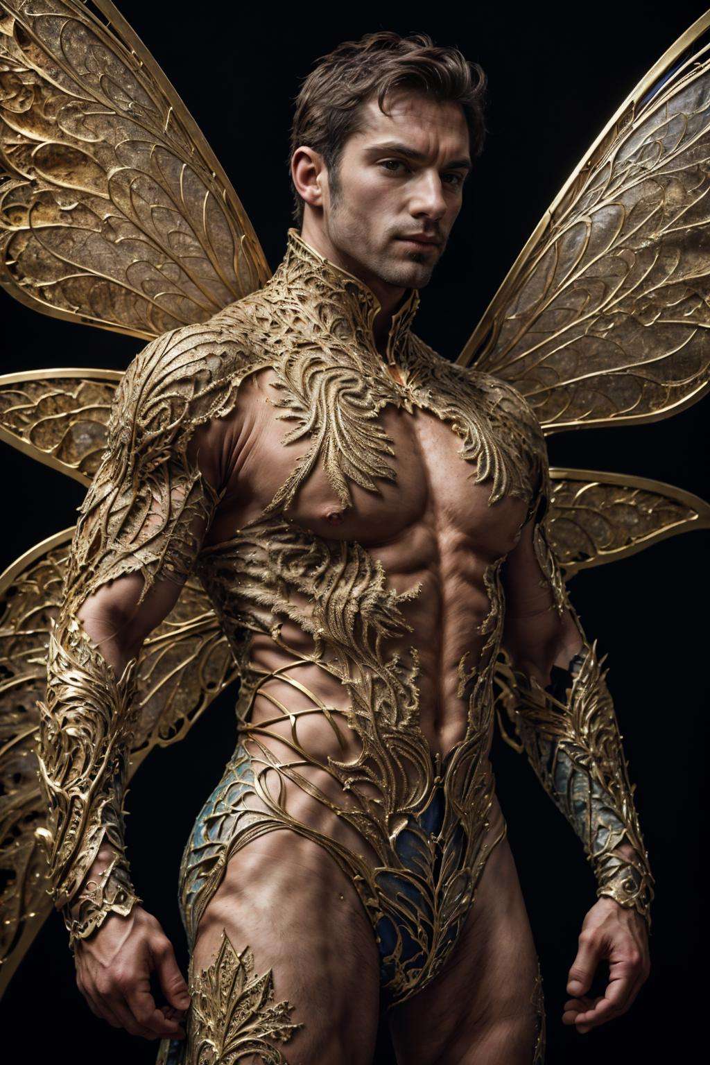 realistic, masterpiece, intricate details, detailed background, depth of field, photo of a handsome (european man), fr4ctal4rmor, wearing fractal bodysuit, (dynamic pose), ((fighting stance)), wings, fantasy background, cinematic composition, sharp focus, side view, close up,