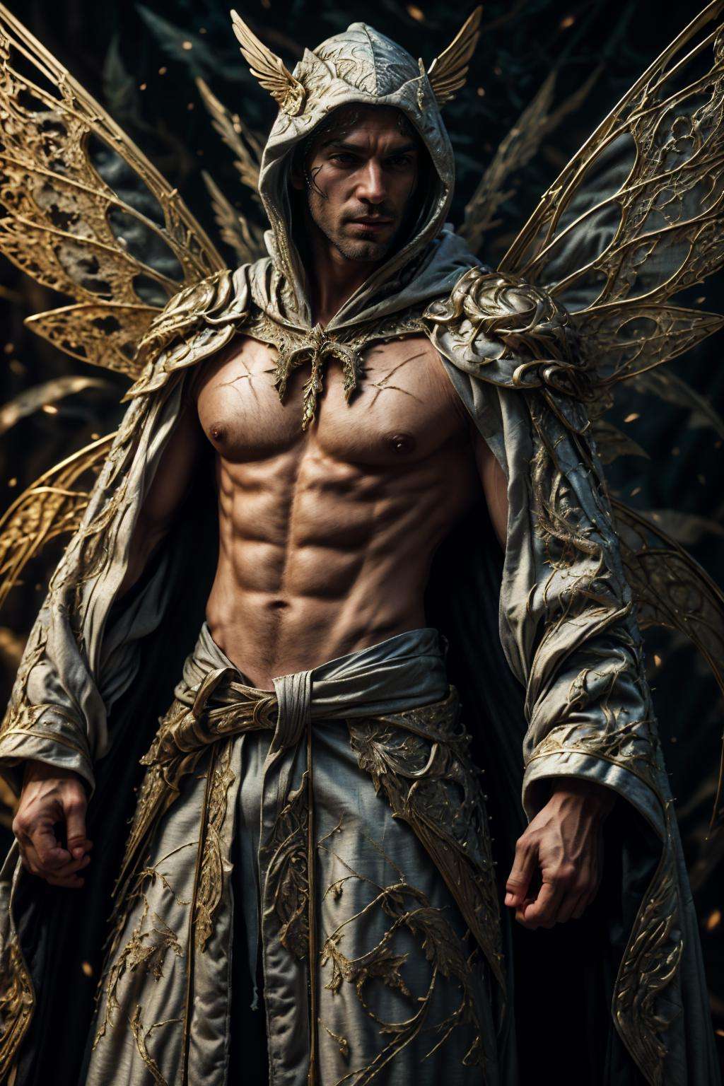 realistic, masterpiece, intricate details, detailed background, depth of field, photo of a handsome (european man), fr4ctal4rmor, wearing fractal wizard robe, (dynamic pose), ((fighting stance)), wings, fantasy background, cinematic composition, sharp focus, pectorals, abs, cloak, hood, holding staff, side view, close up,