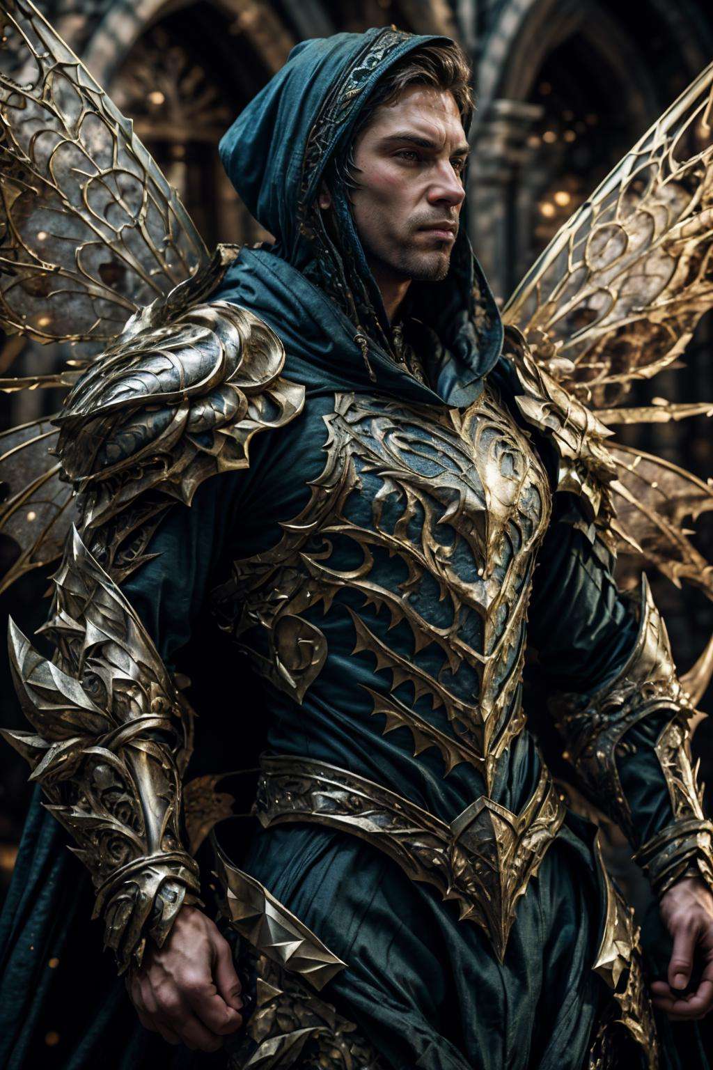 realistic, masterpiece, intricate details, detailed background, depth of field, photo of a handsome (european man), fr4ctal4rmor, wearing fractal rogue armor, (dynamic pose), ((fighting stance)), wings, fantasy background, cinematic composition, sharp focus, pectorals, abs, cloak, hood, holding daggers, side view, close up,