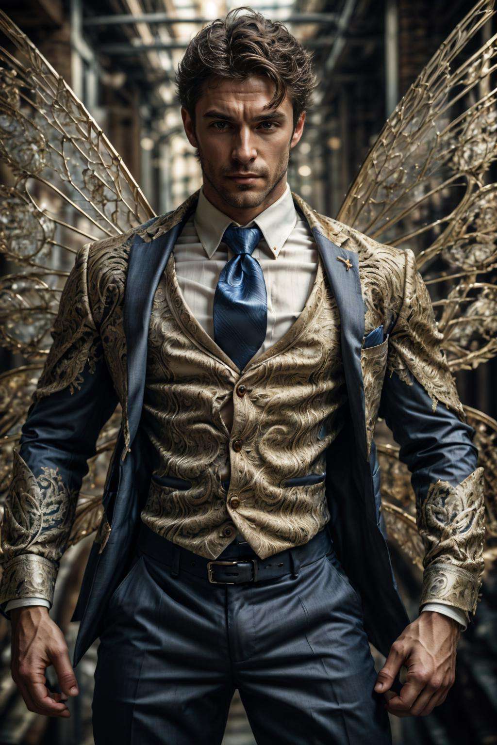 realistic, masterpiece, intricate details, detailed background, depth of field, photo of a handsome (european man), fr4ctal4rmor, wearing fractal business suit, (dynamic pose), ((fighting stance)), wings, fantasy background, cinematic composition, sharp focus, close up, shirt, pants, necktie,