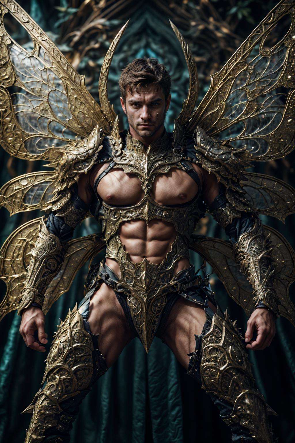 realistic, masterpiece, intricate details, detailed background, depth of field, photo of a handsome (european man), fr4ctal4rmor, wearing fractal barbarian armor, ((dynamic pose)), fighting stance, wings, fantasy background, cinematic composition, sharp focus, harness, pectorals, abs, thighs,