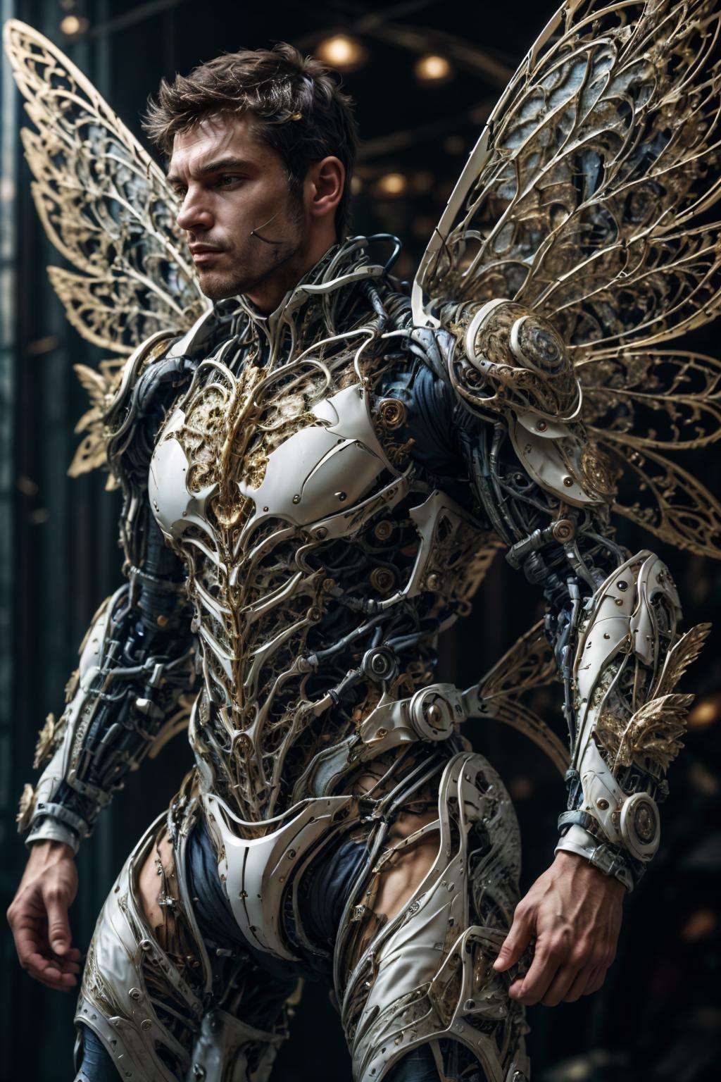 realistic, masterpiece, intricate details, detailed background, depth of field, photo of a handsome (european man), fr4ctal4rmor, wearing fractal exosuit, (dynamic pose), ((fighting stance)), wings, fantasy background, cinematic composition, sharp focus, side view, close up,