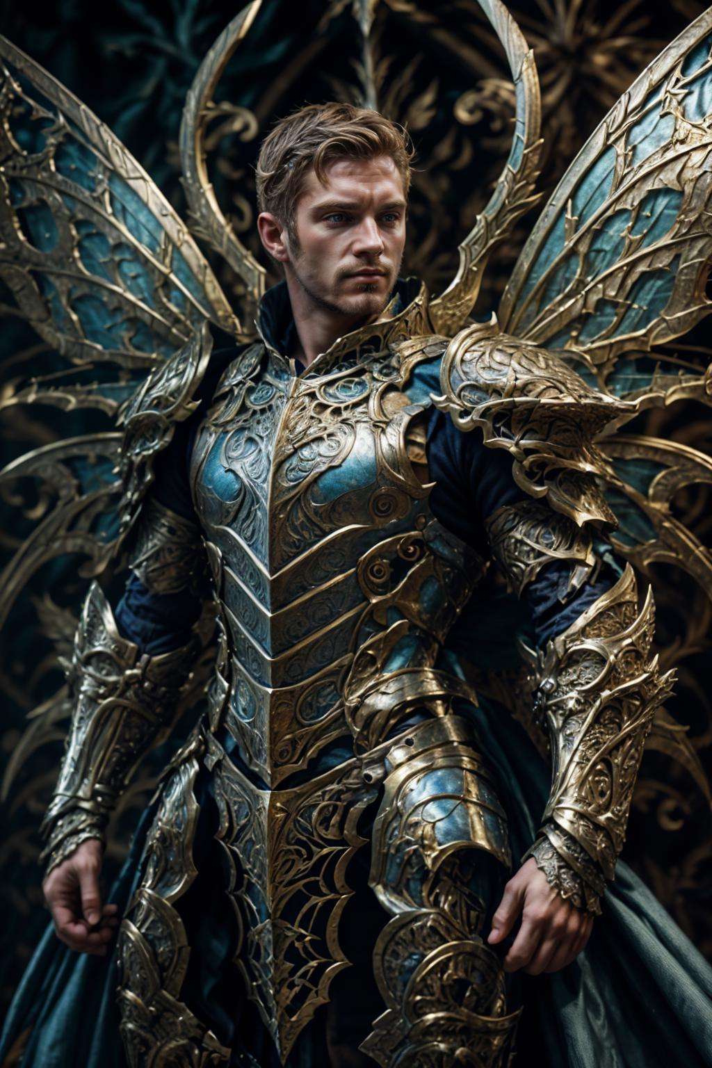 realistic, masterpiece, intricate details, detailed background, depth of field, photo of a handsome (icelandic man), fr4ctal4rmor, wearing fractal knight armor, dynamic pose, fighting stance, wings, fantasy background, holding sword,