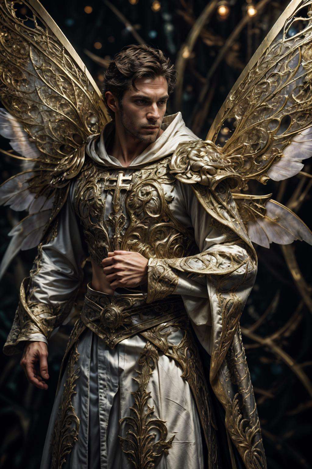 realistic, masterpiece, intricate details, detailed background, depth of field, photo of a handsome (european man), fr4ctal4rmor, wearing fractal priest robe, (dynamic pose), ((fighting stance)), wings, fantasy background, cinematic composition, sharp focus, side view, close up, cross, 