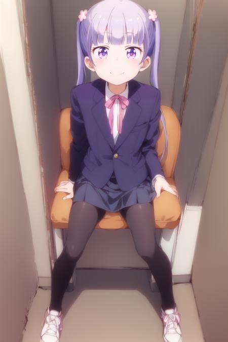 (masterpiece, best quality),  <lora:aoba:0.8>, sit on chair, suzukaze aoba, formal, suit, skirt, looking at viewer, smile, from below, sneakers